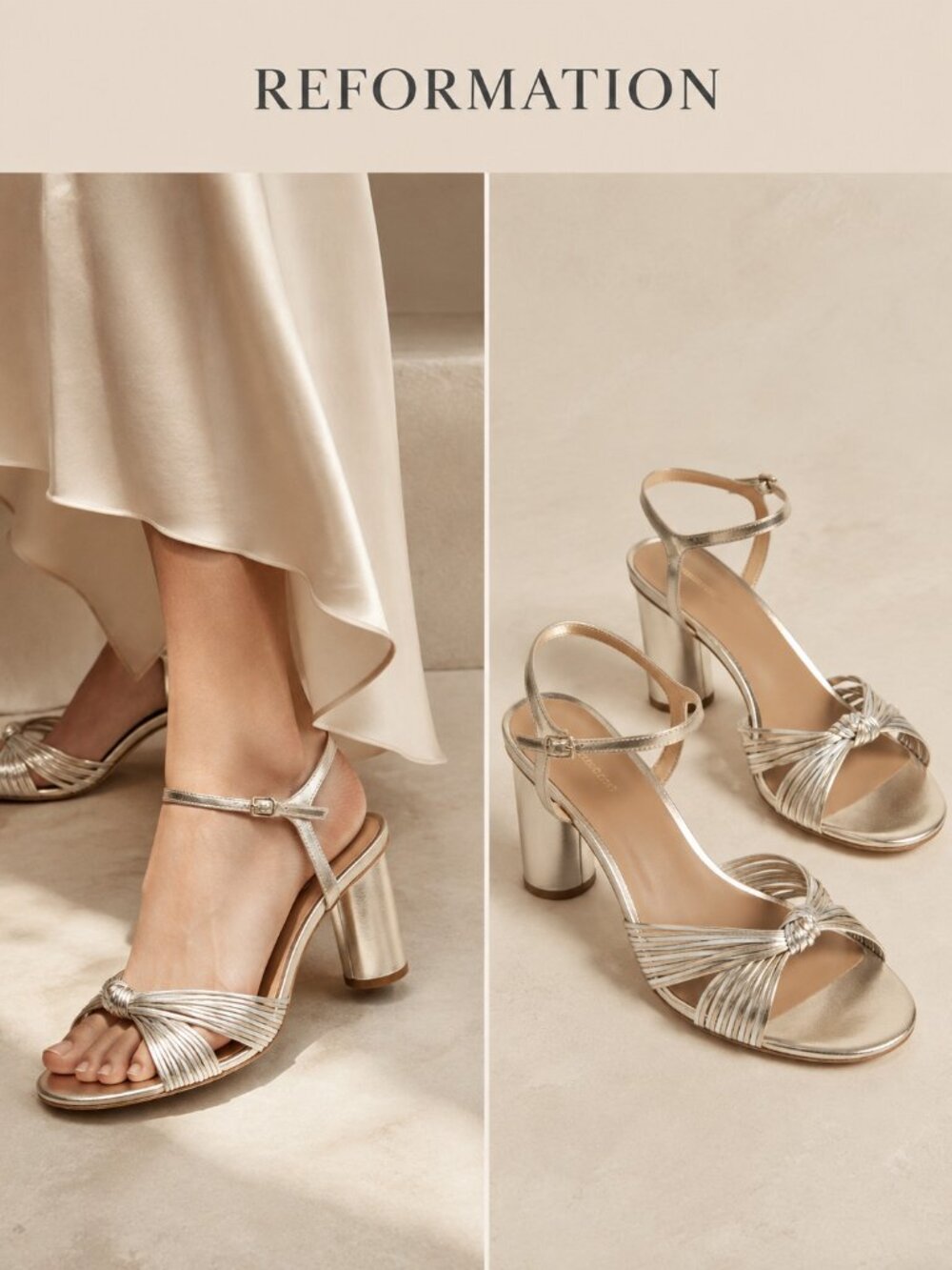 Reformation Petra Cylinder Heel Gold Silver Metallic Leather Sandals Size 6